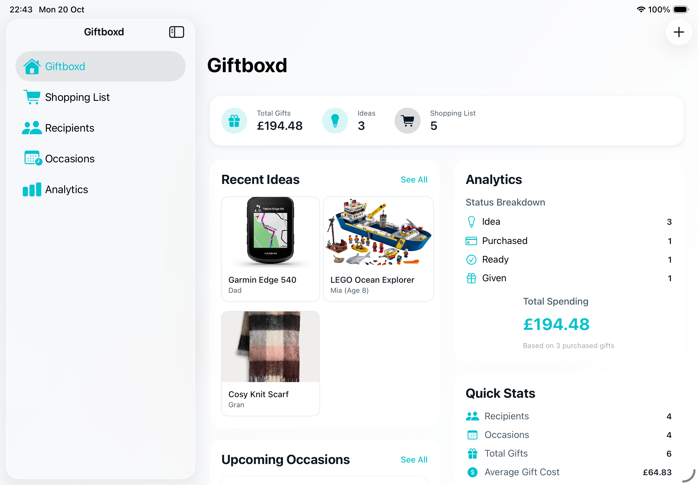 Giftboxd iPad Dashboard