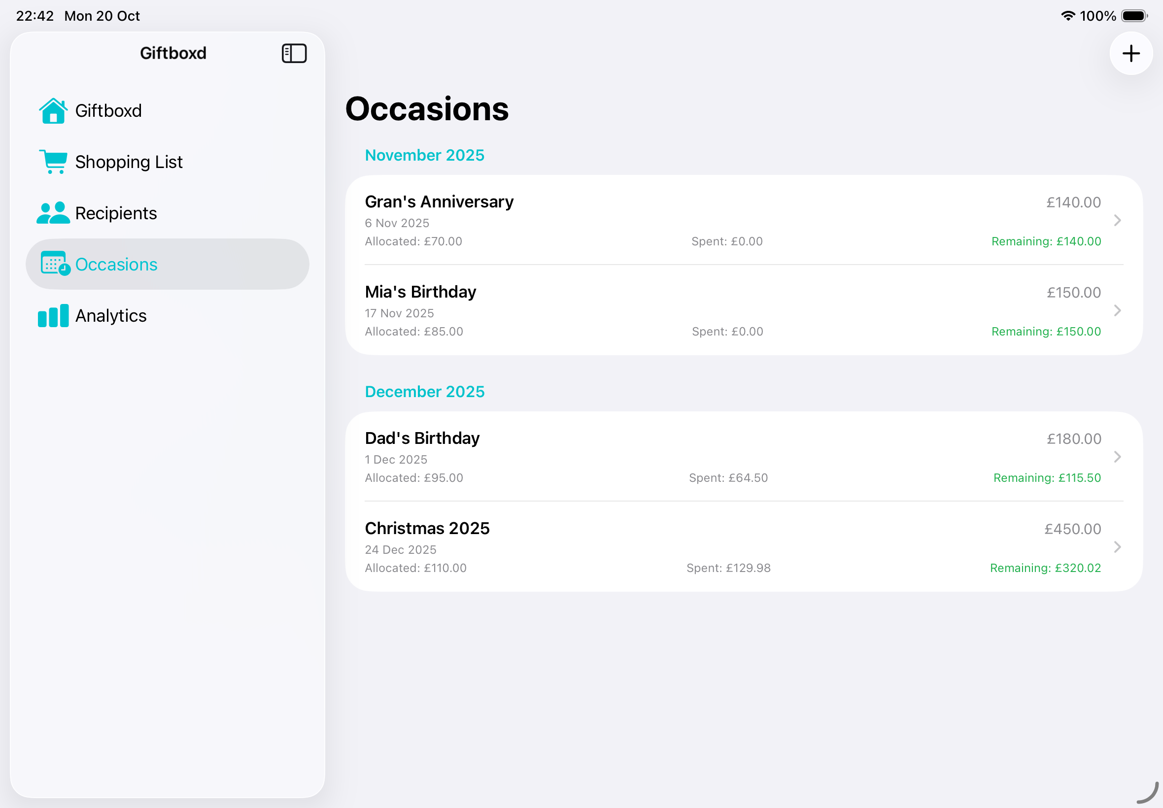 Giftboxd iPad Occasions List